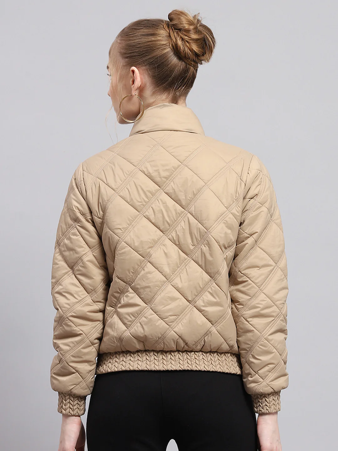 Women Beige Solid Mock Neck Full Sleeve Jacket - Image 5