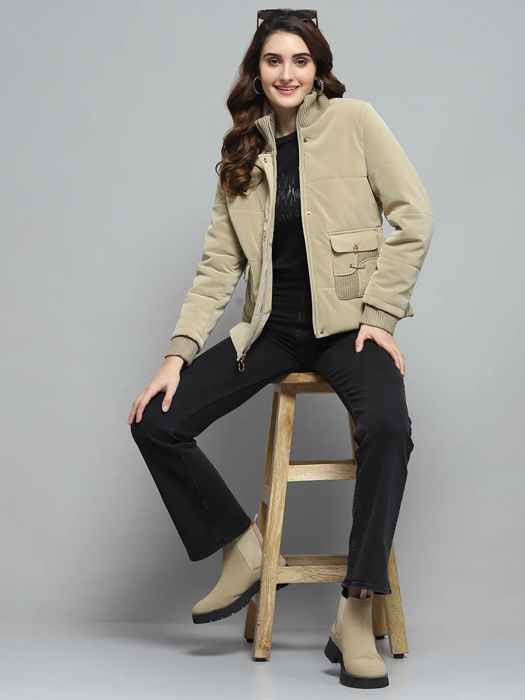 Women Beige Solid Mock Neck Full Sleeve Jacket - Image 2