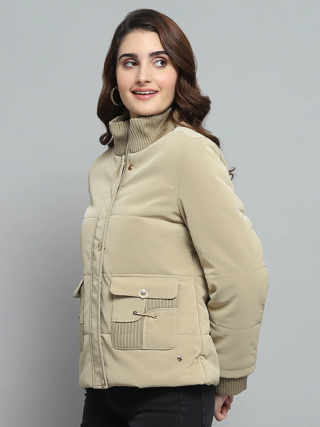 Women Beige Solid Mock Neck Full Sleeve Jacket - Image 3