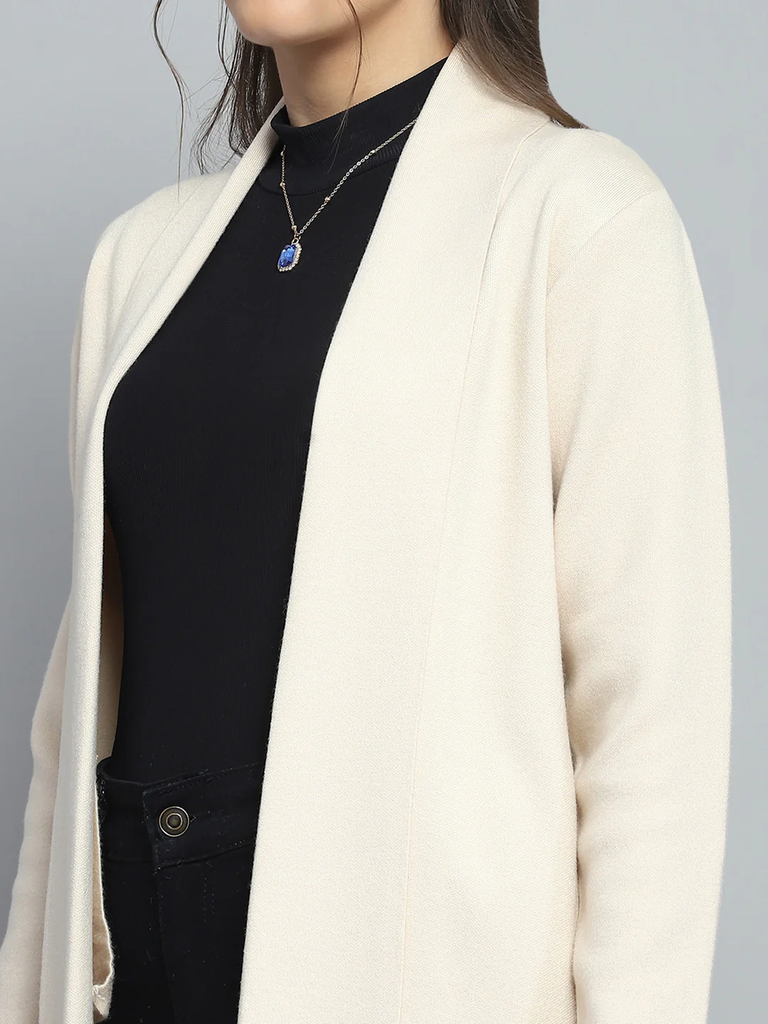 Women Beige Solid Notch Lapel Collar Full Sleeve Cardigan - Image 7