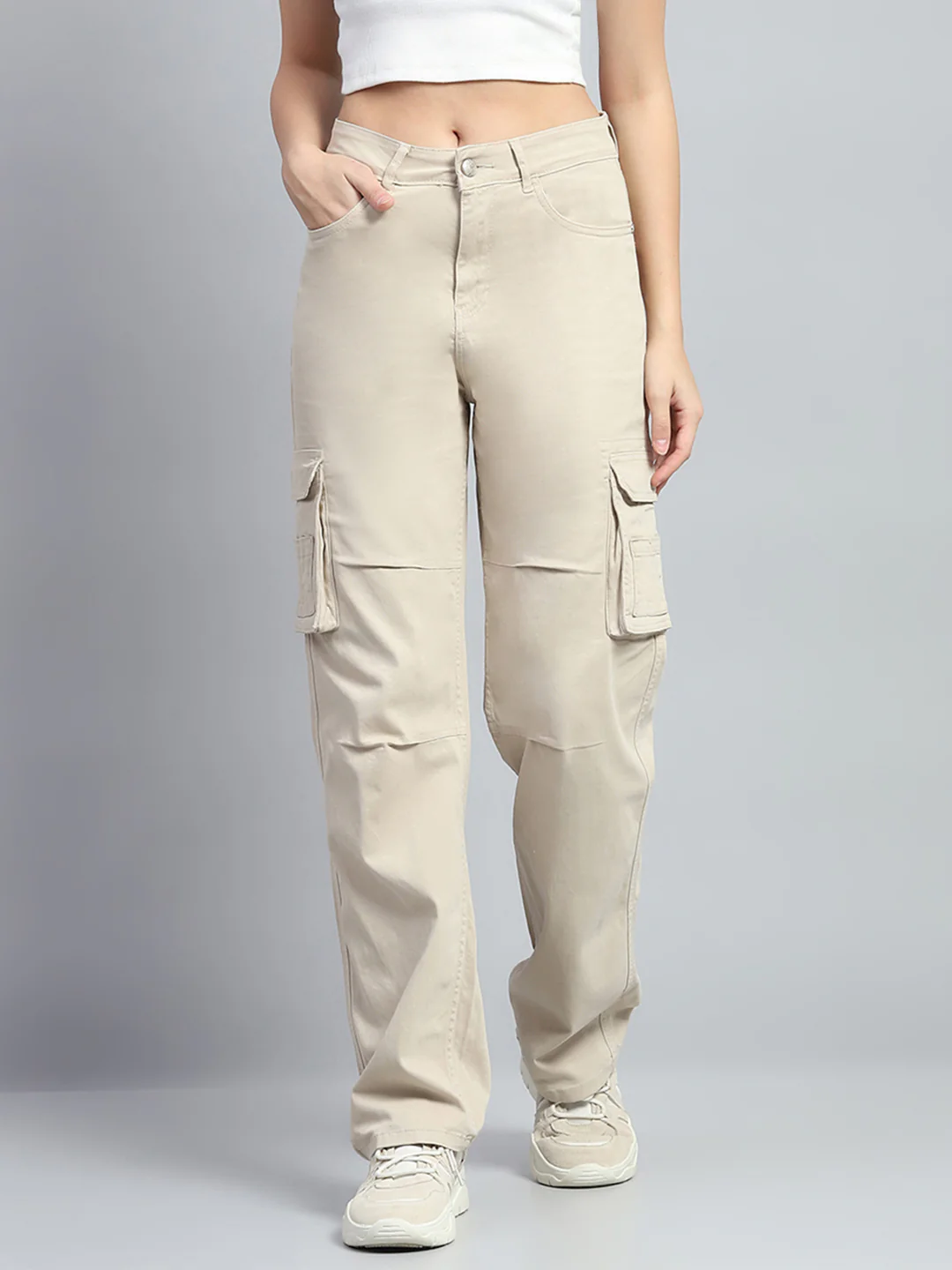 Women Beige Solid Regular Fit Cargo - Image 2