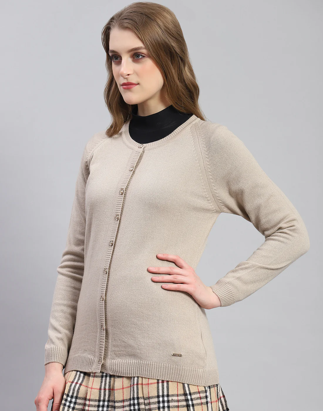 Women Beige Solid Round Neck Full Sleeve Cardigan - Image 3