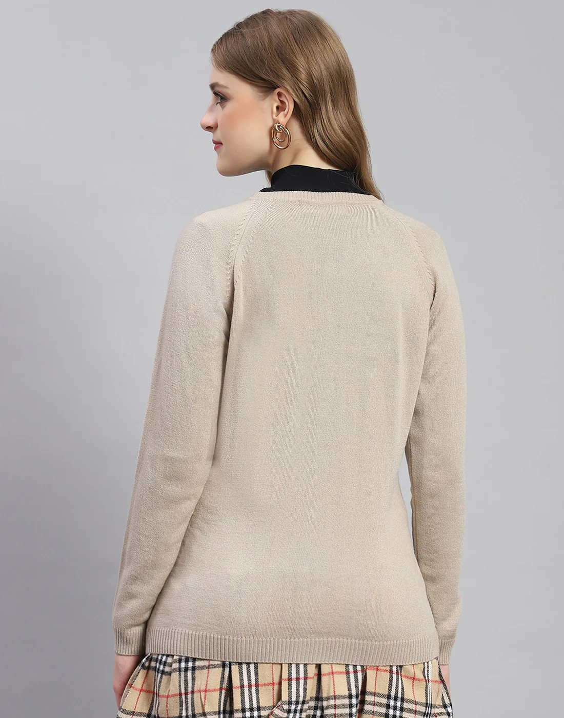 Women Beige Solid Round Neck Full Sleeve Cardigan - Image 5
