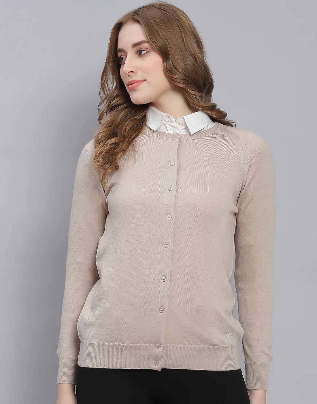 Women Beige Solid Round Neck Full Sleeve Cardigan - Image 2
