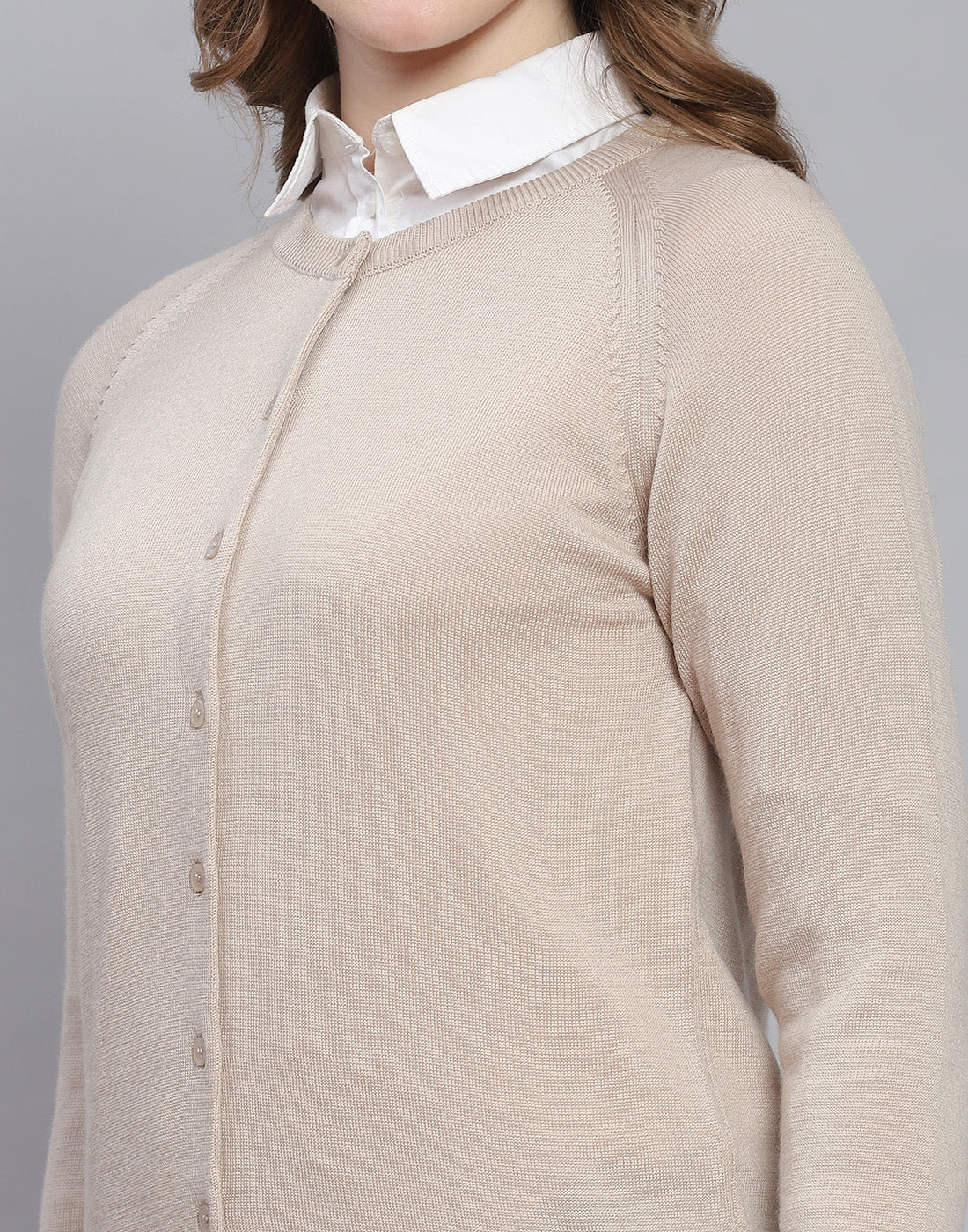 Women Beige Solid Round Neck Full Sleeve Cardigan - Image 6