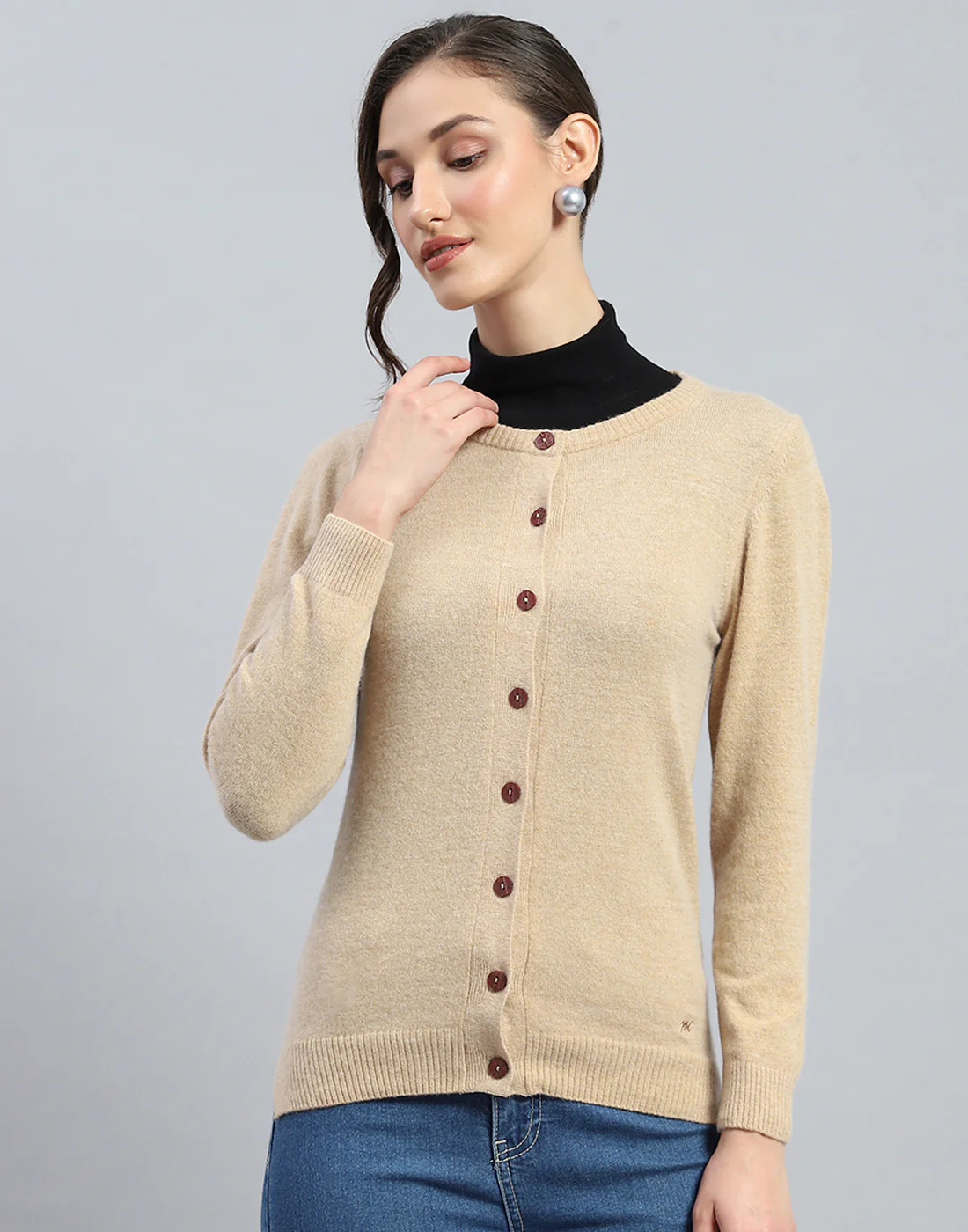 Women Beige Solid Round Neck Full Sleeve Cardigan - Image 2