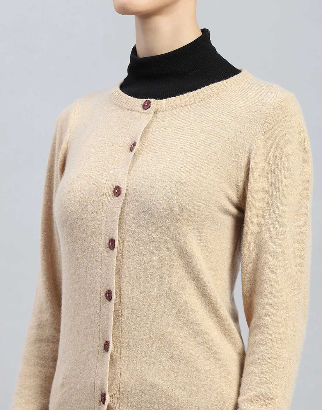 Women Beige Solid Round Neck Full Sleeve Cardigan - Image 6