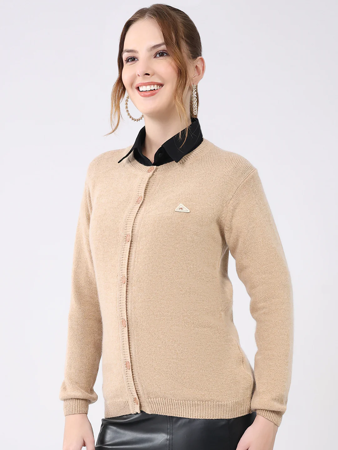 Women Beige Solid Round Neck Full Sleeve Cardigan - Image 3