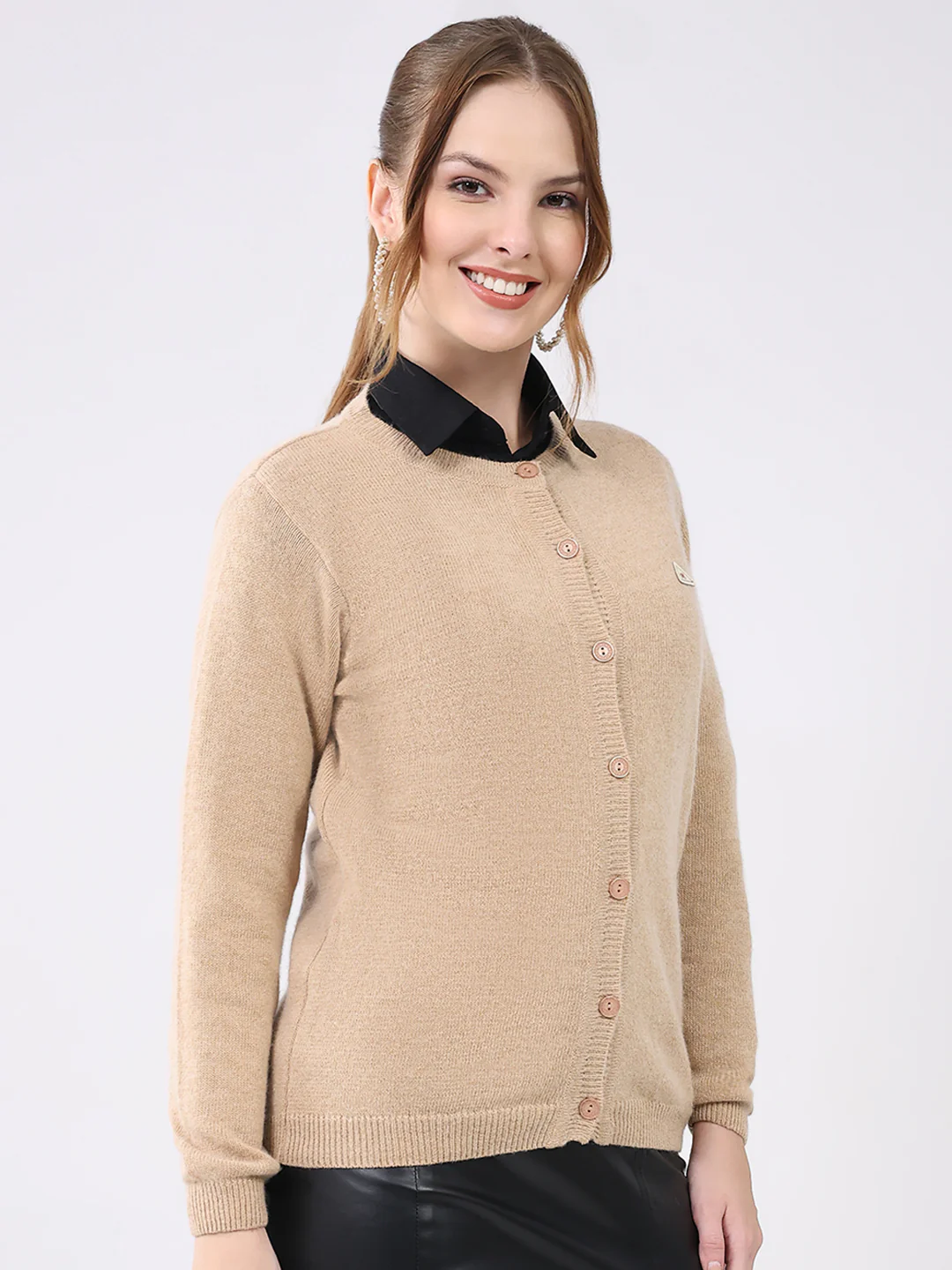 Women Beige Solid Round Neck Full Sleeve Cardigan - Image 4
