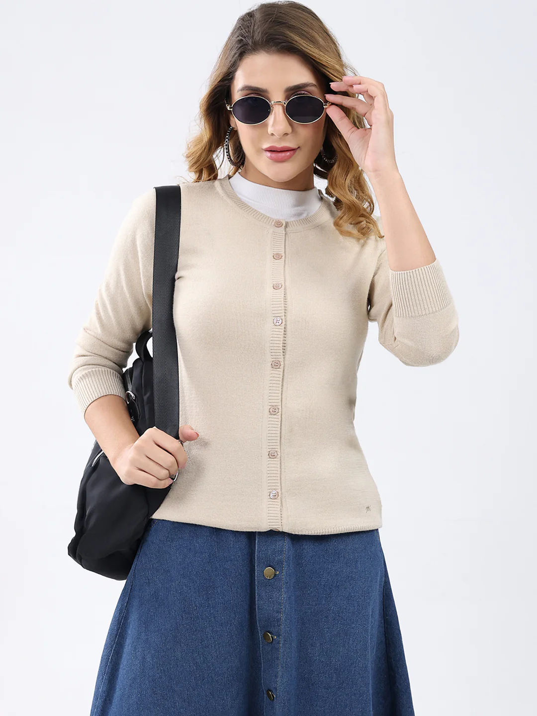 Women Beige Solid Round Neck Full Sleeve Cardigan - Image 6
