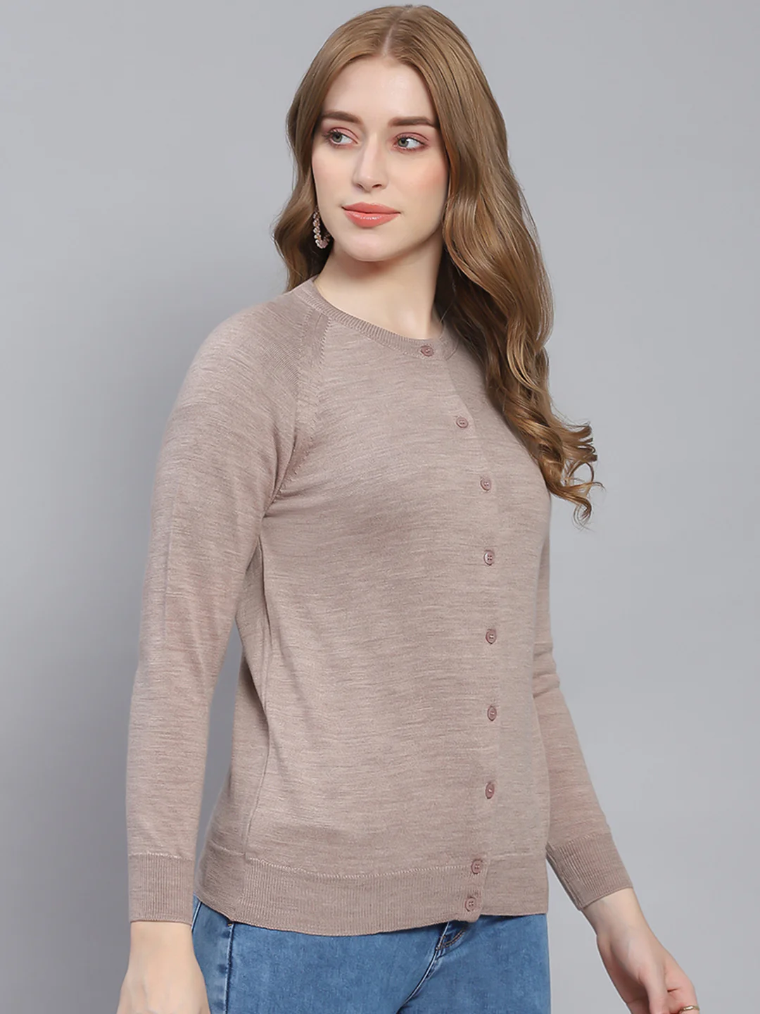 Women Beige Solid Round Neck Full Sleeve Cardigans - Image 4
