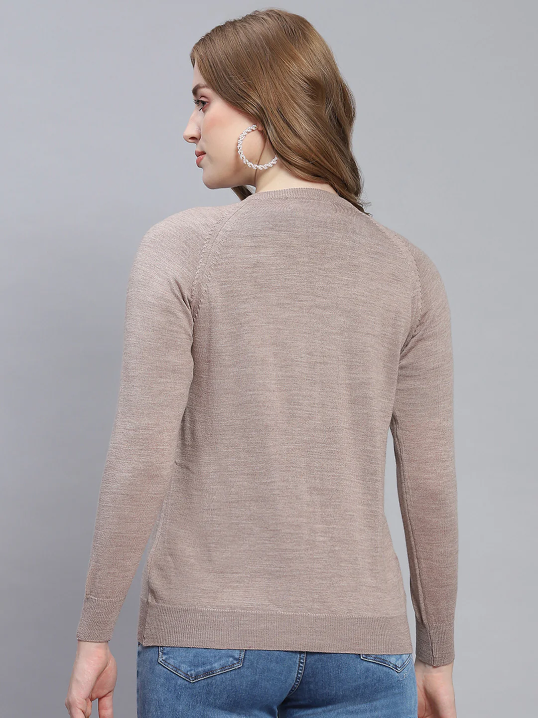 Women Beige Solid Round Neck Full Sleeve Cardigans - Image 5
