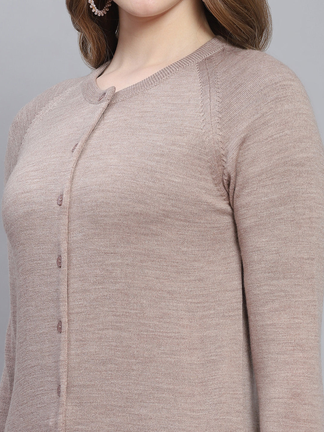 Women Beige Solid Round Neck Full Sleeve Cardigans - Image 6