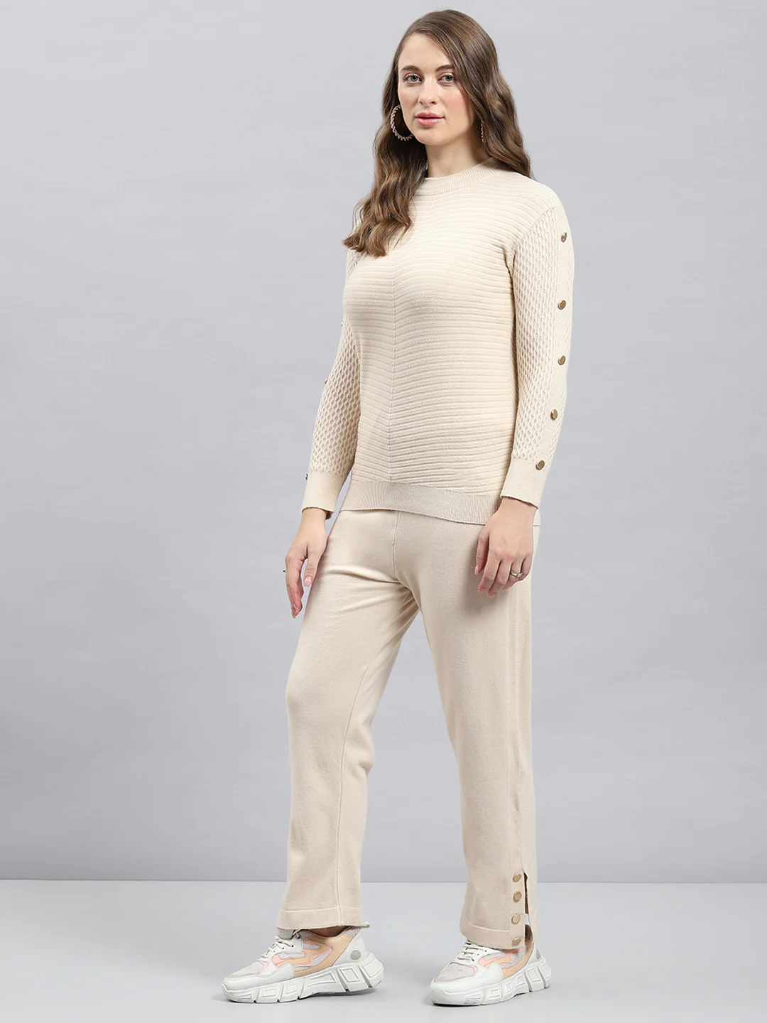 Women Beige Solid Round Neck Full Sleeve Cords Set - Image 3