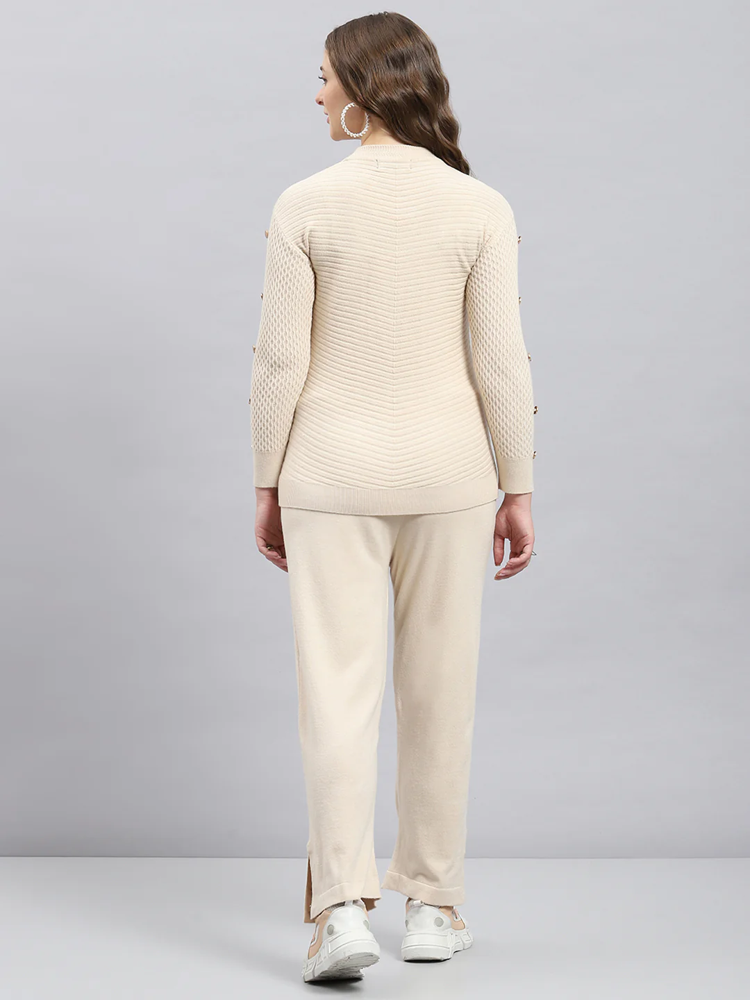 Women Beige Solid Round Neck Full Sleeve Cords Set - Image 5