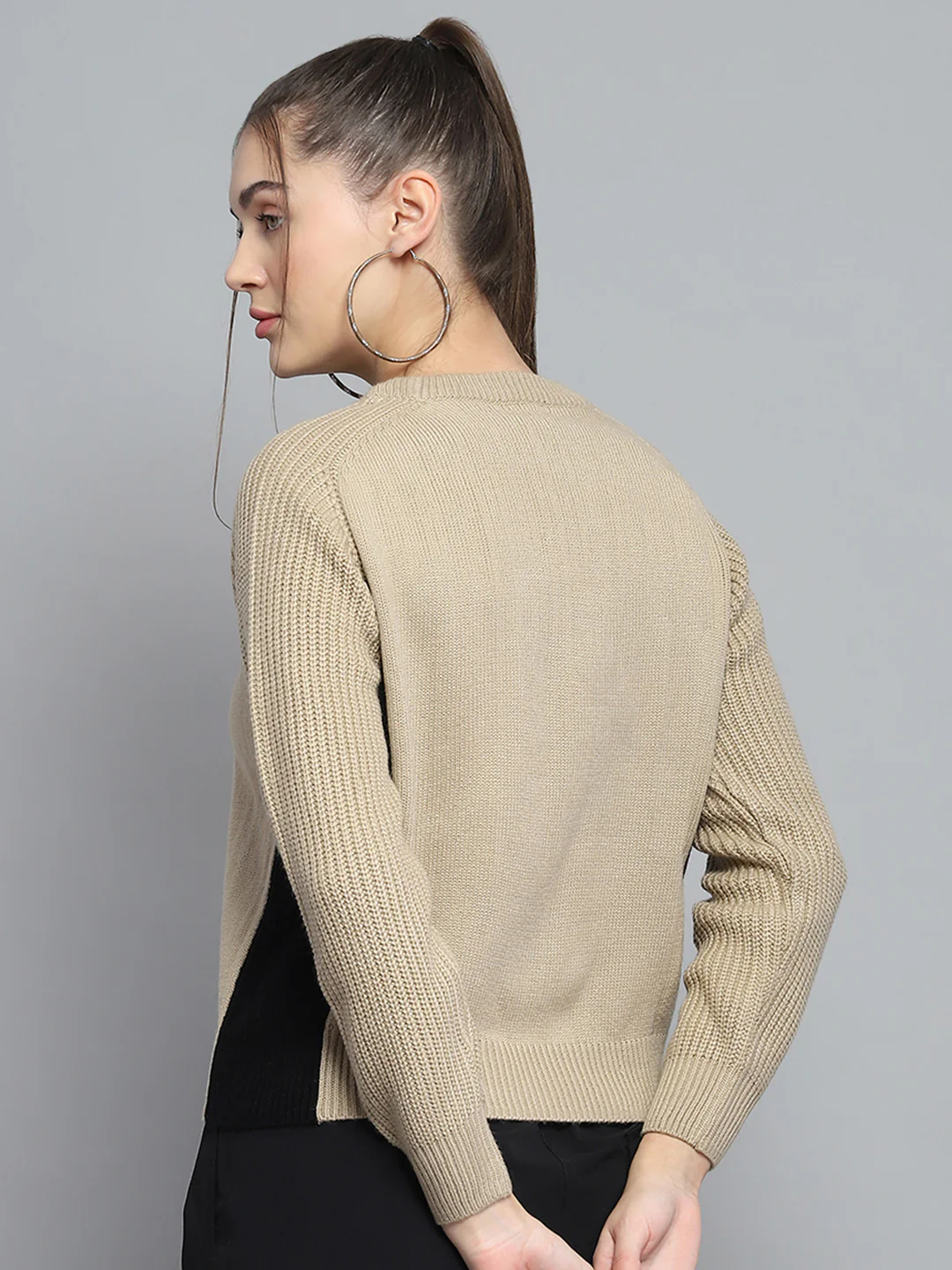 Rock.it Women Beige Solid Round Neck Full Sleeve Pullover - Image 5