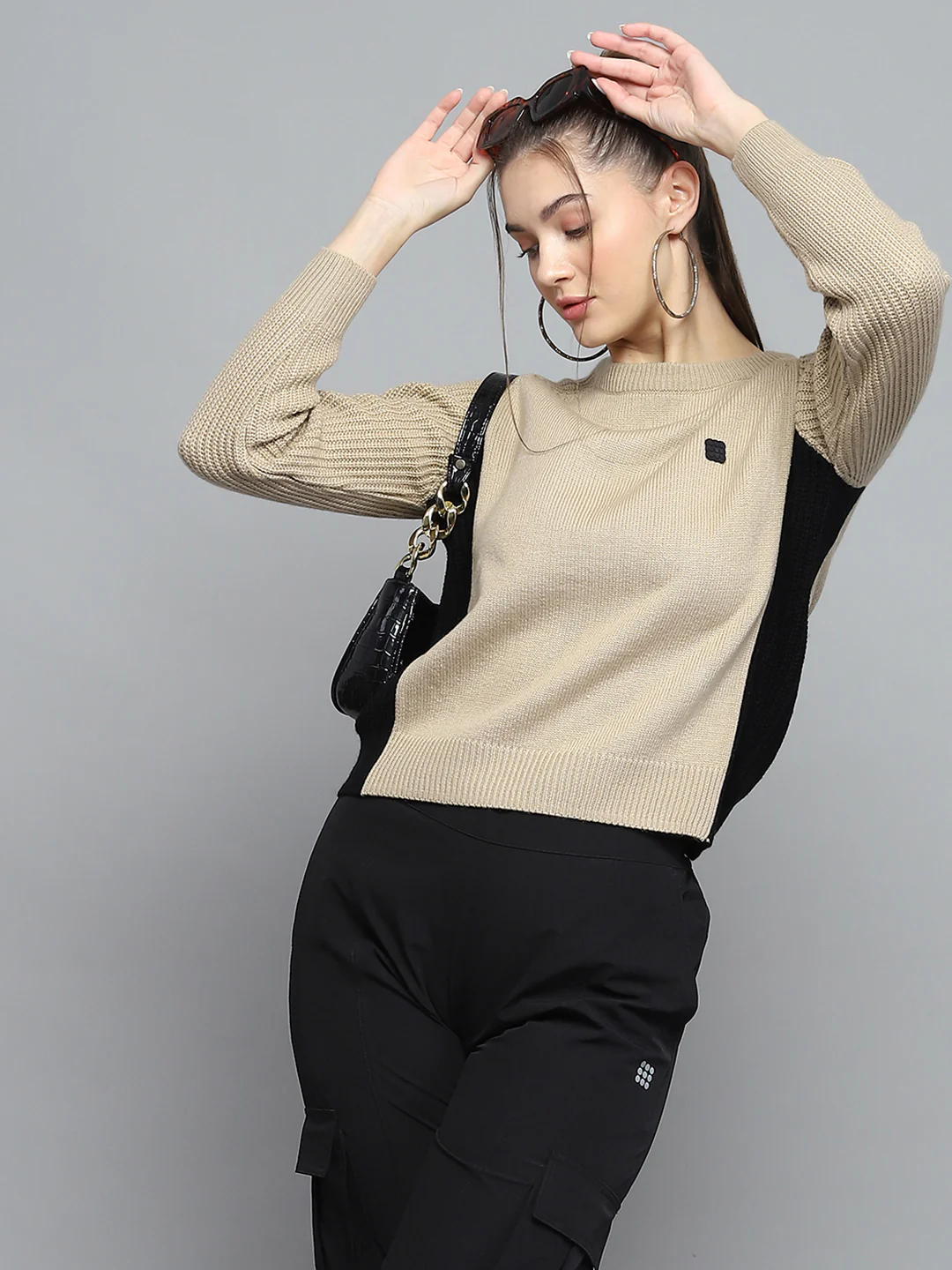 Rock.it Women Beige Solid Round Neck Full Sleeve Pullover - Image 6