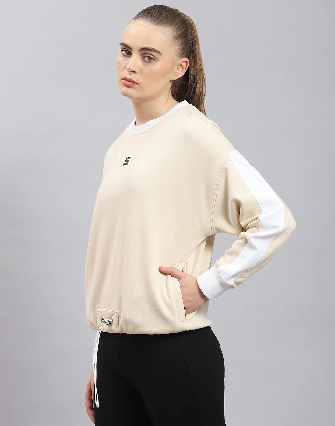 Rock.it Women Beige Solid Round Neck Full Sleeve Sweatshirt - Image 3
