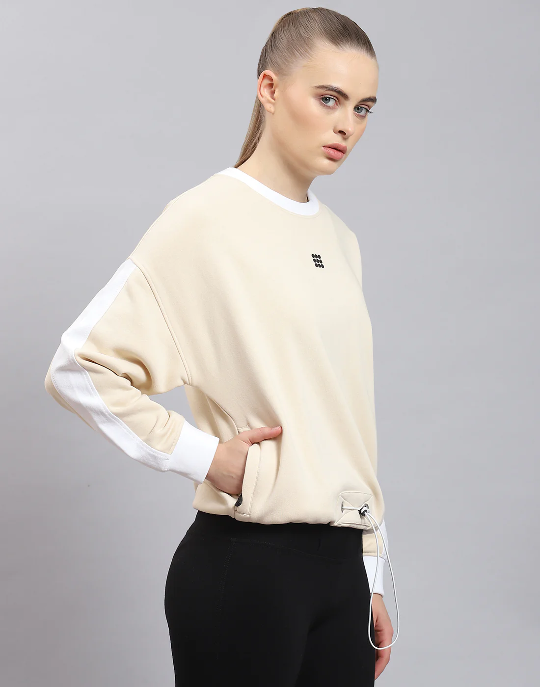 Rock.it Women Beige Solid Round Neck Full Sleeve Sweatshirt - Image 4