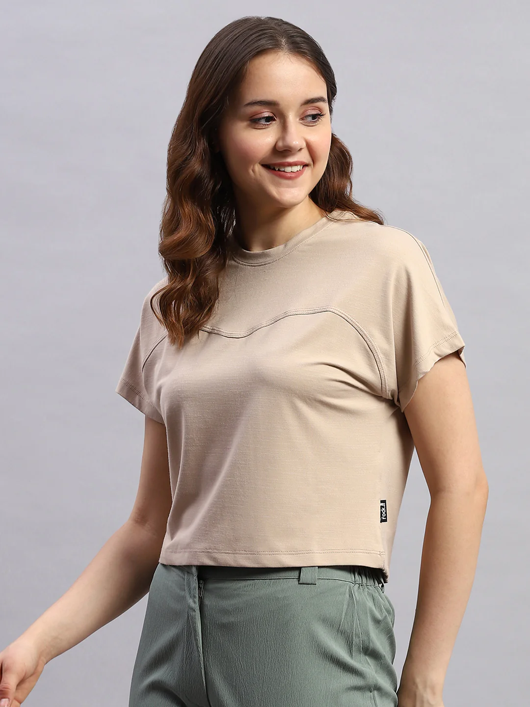 Rock.it Women Beige Solid Round Neck Half Sleeve Top - Image 3
