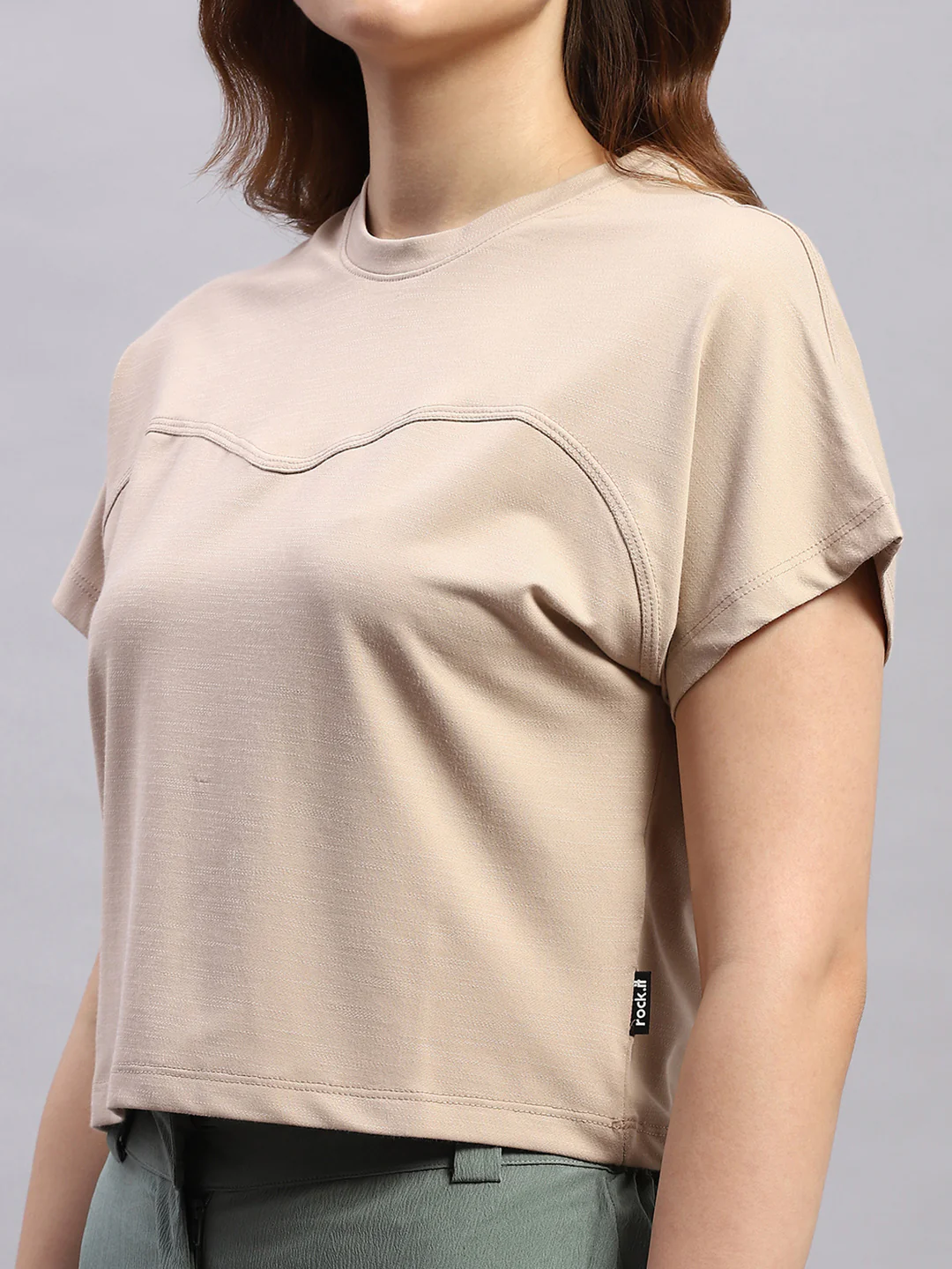 Rock.it Women Beige Solid Round Neck Half Sleeve Top - Image 6