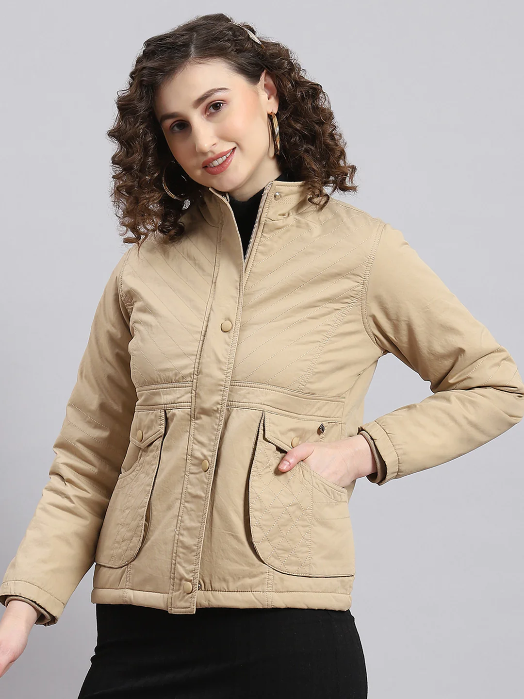 Women Beige Solid Stand Collar Full Sleeve Jacket - Image 2