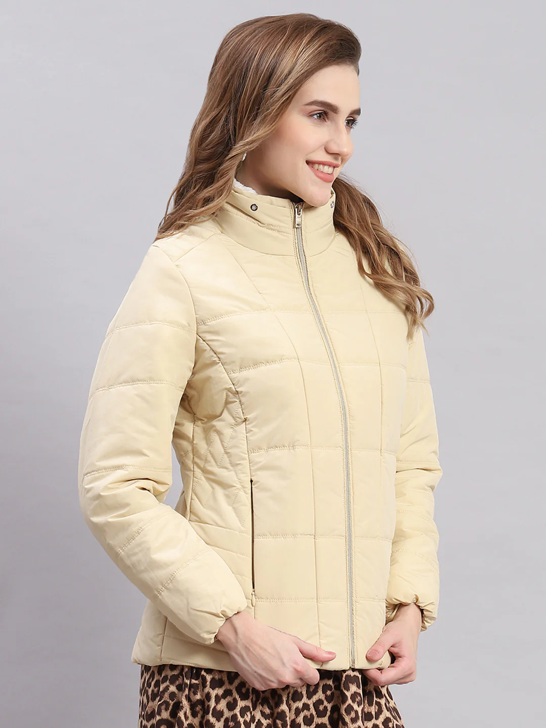 Women Beige Solid Stand Collar Full Sleeve Jackets - Image 4