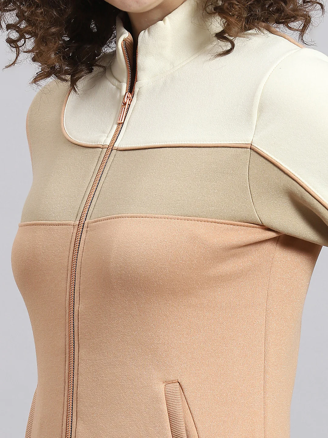 Women Beige Solid Stand Collar Full Sleeve Tracksuit - Image 6