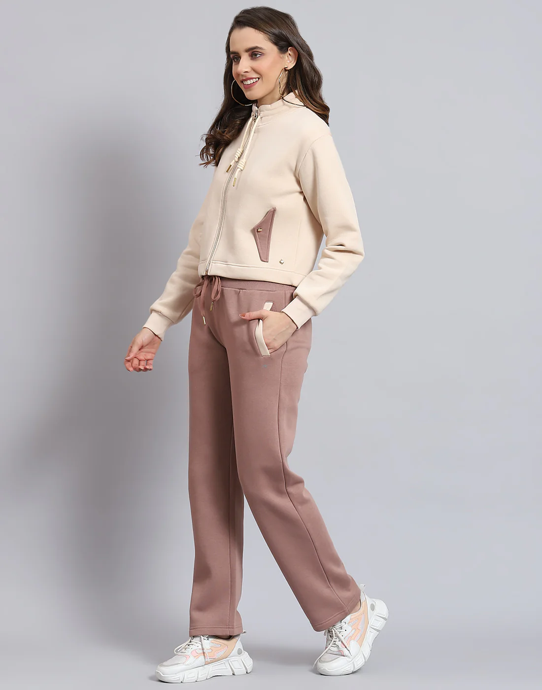Women Beige Solid Stand Collar Full Sleeve Tracksuit - Image 3