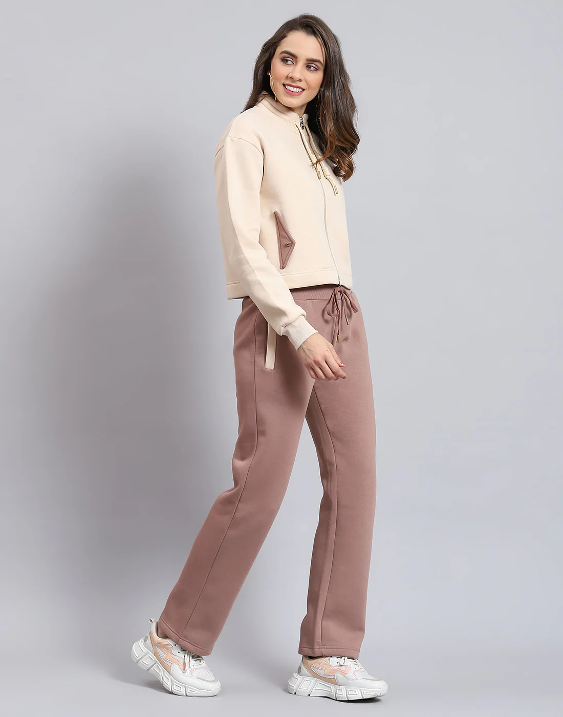 Women Beige Solid Stand Collar Full Sleeve Tracksuit - Image 4