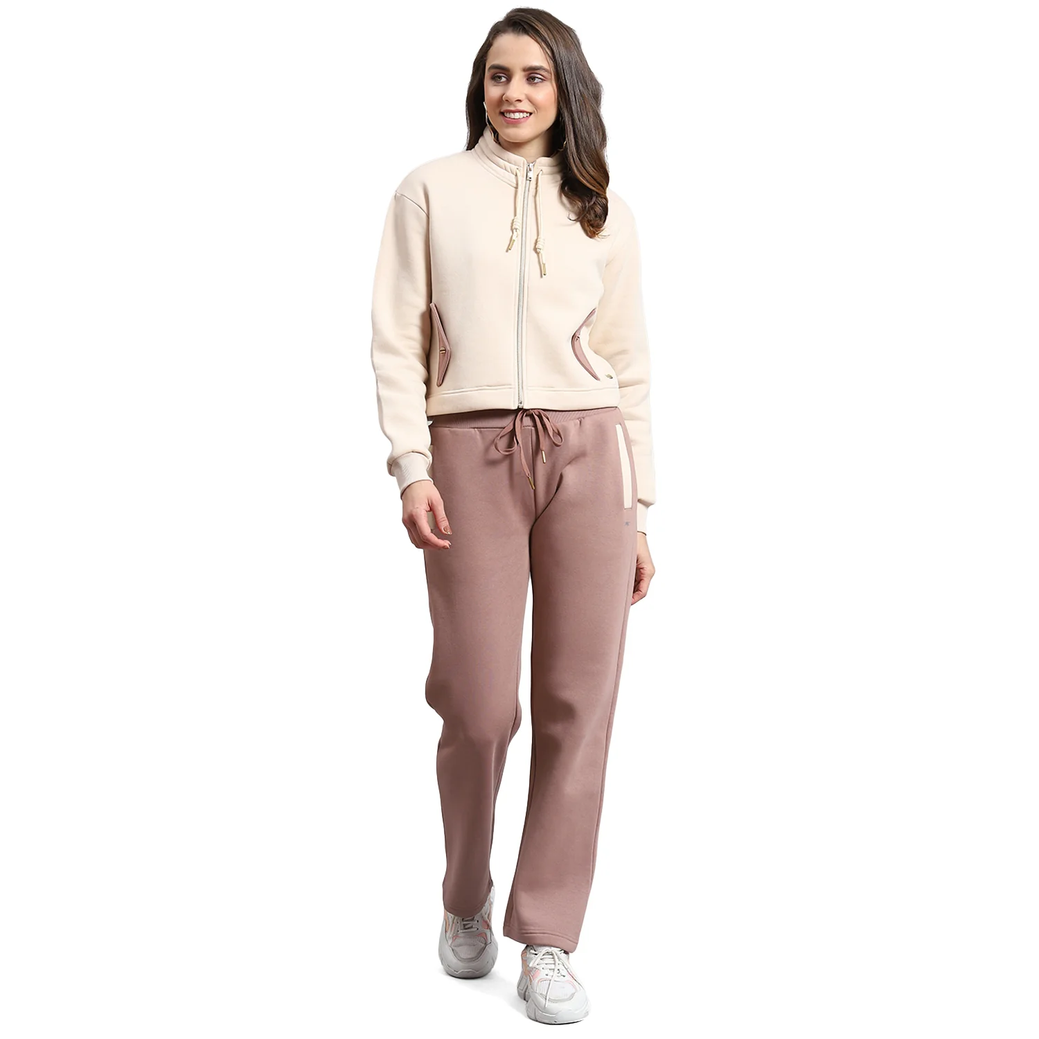 Women Beige Solid Stand Collar Full Sleeve Tracksuit - Image 5