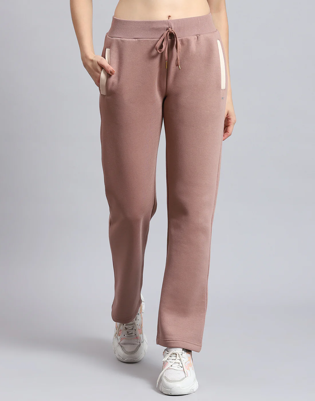 Women Beige Solid Stand Collar Full Sleeve Tracksuit - Image 7