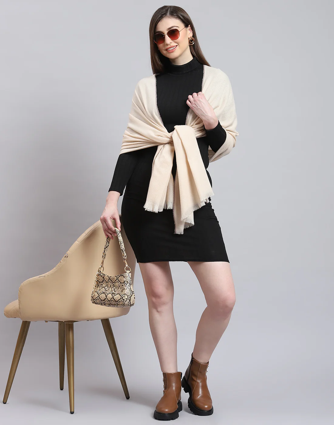 Women Beige Solid Stole - Image 2