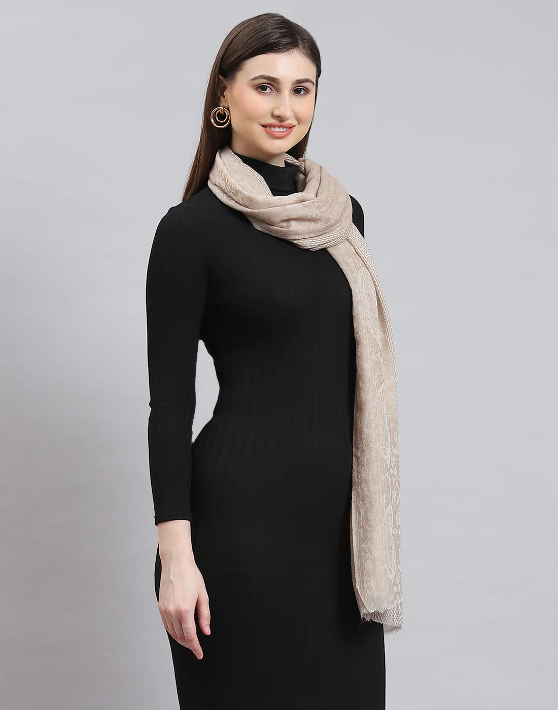 Women Beige Solid Stole - Image 4