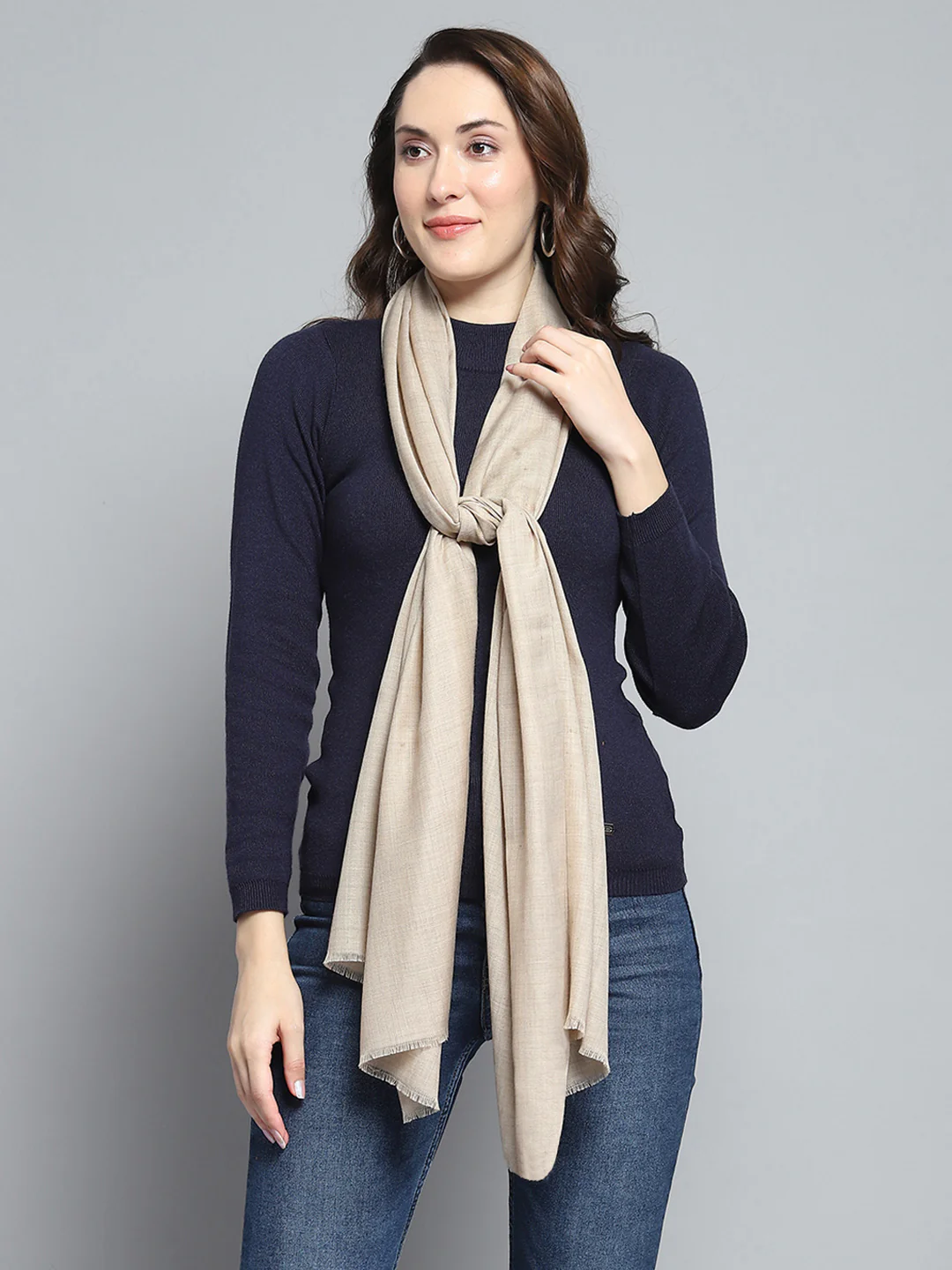 Women Beige Solid Stole - Image 3