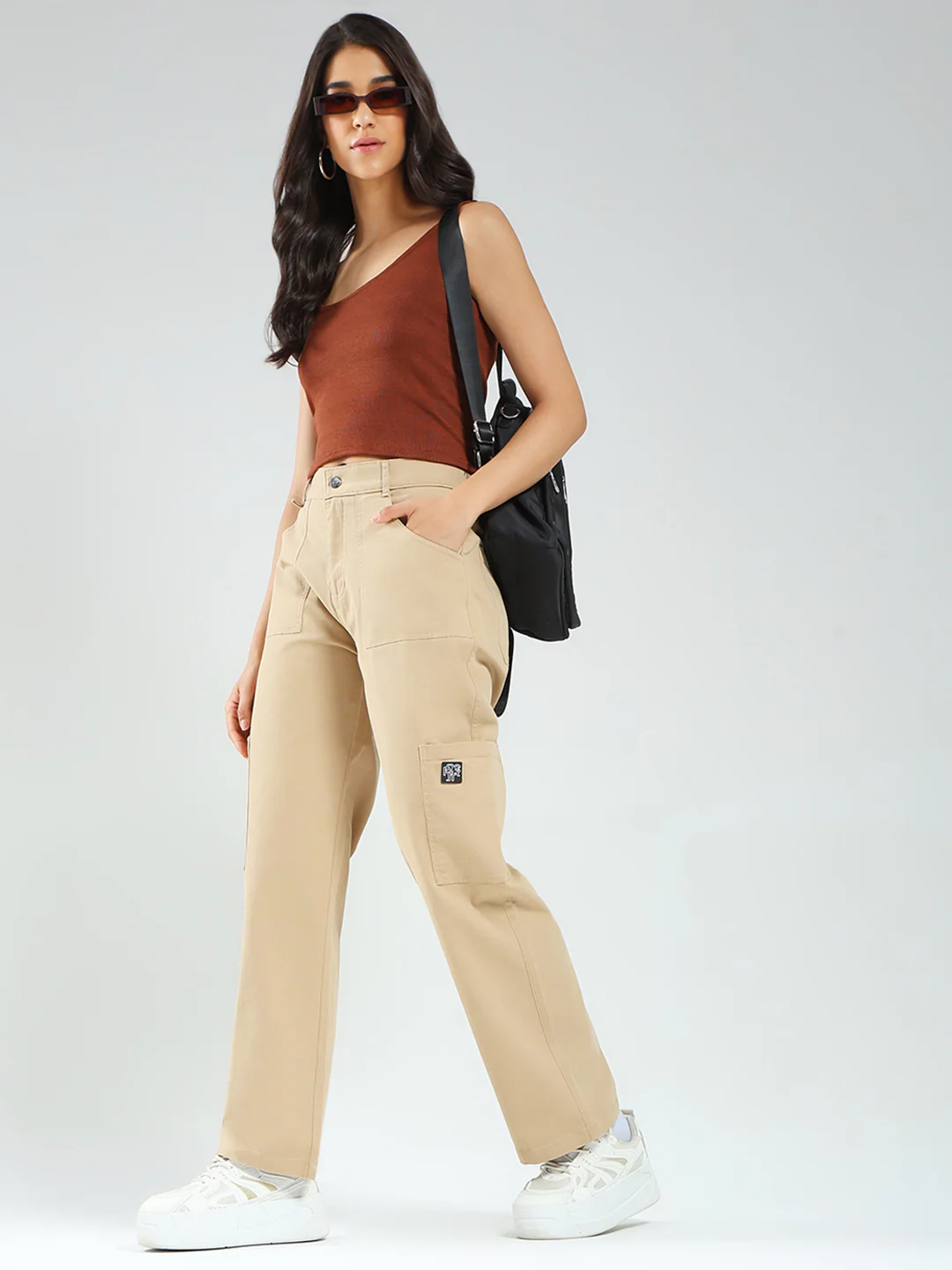Rock.it Women Beige Solid Straight Fit Cargo - Image 2