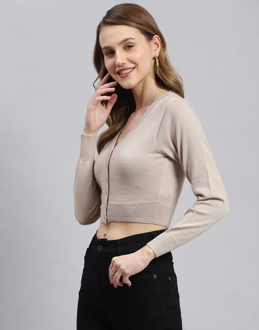 Women Beige Solid V Neck Full Sleeve Blouse - Image 3
