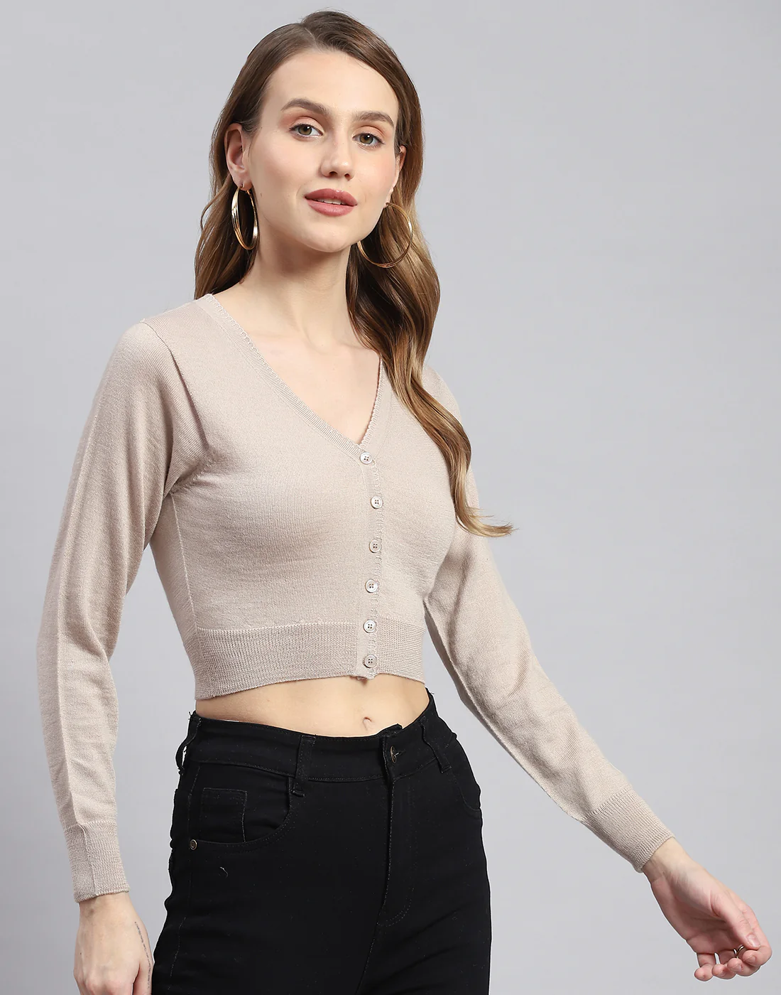 Women Beige Solid V Neck Full Sleeve Blouse - Image 4
