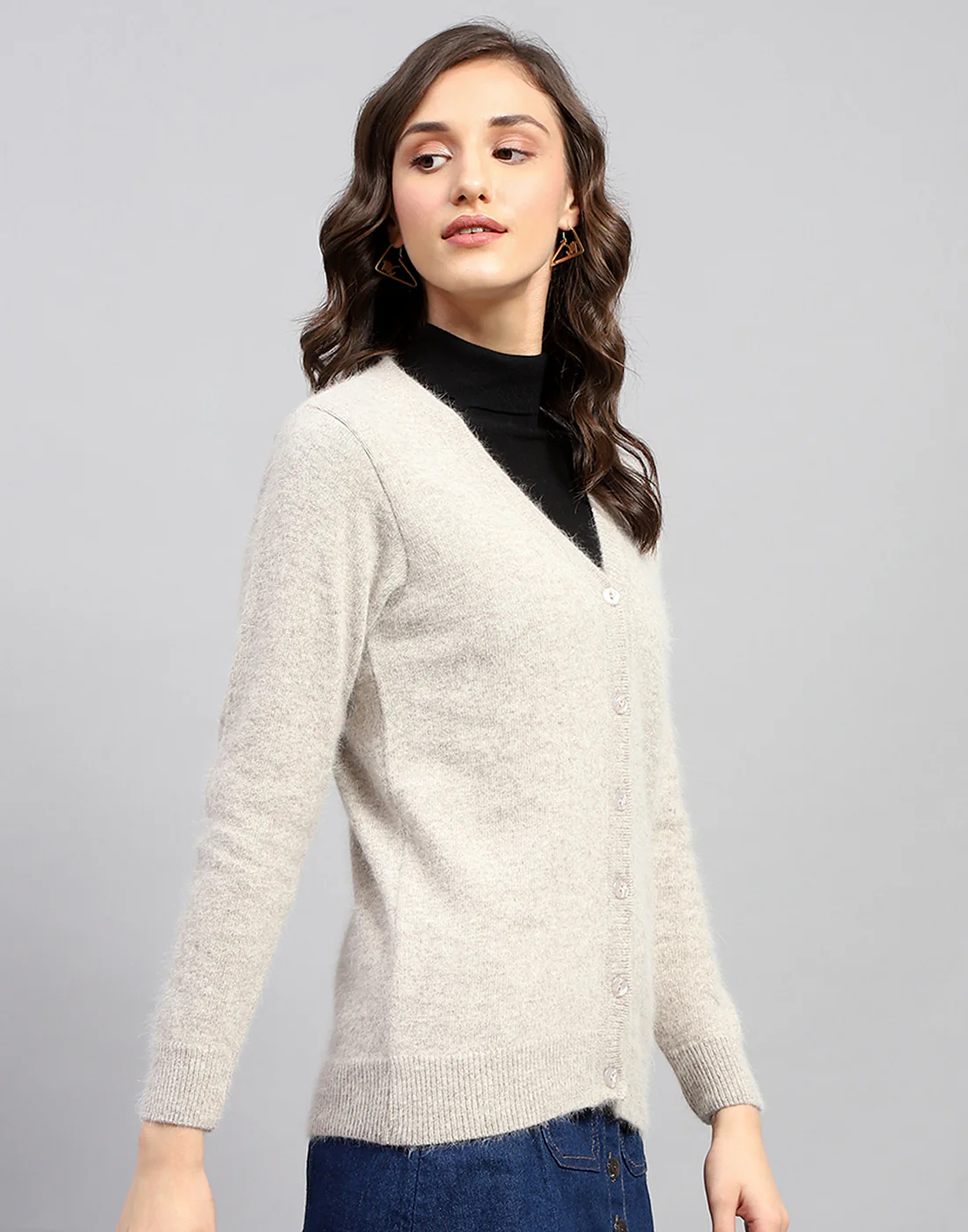 Women Beige Solid V Neck Full Sleeve Cardigan - Image 5