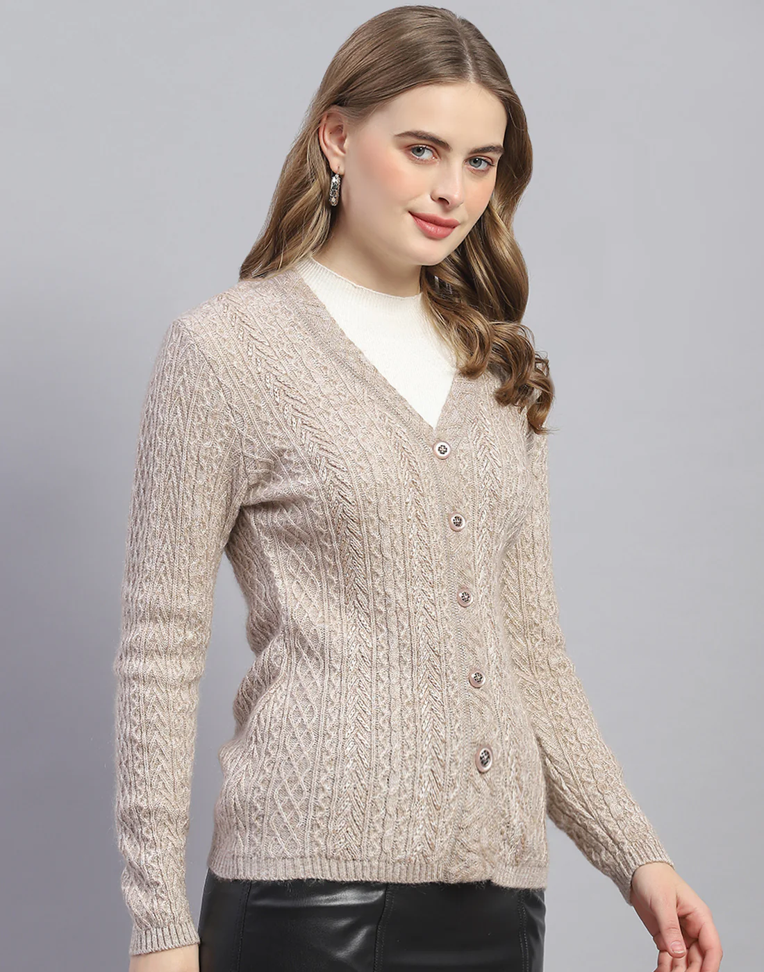 Women Beige Solid V Neck Full Sleeve Cardigan - Image 4