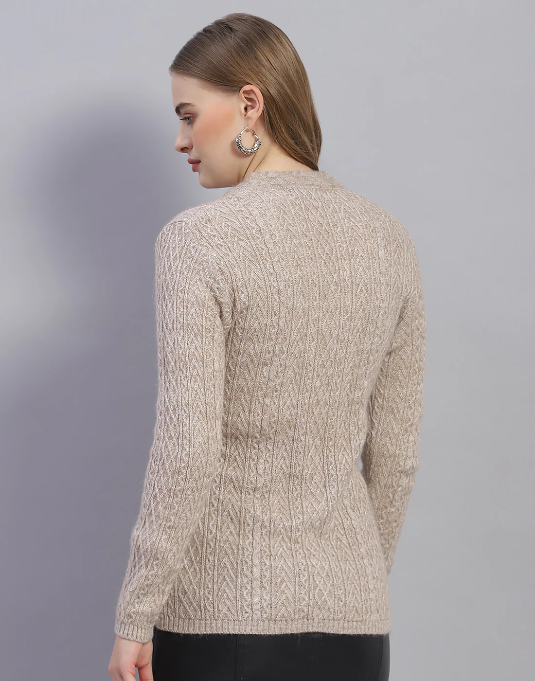 Women Beige Solid V Neck Full Sleeve Cardigan - Image 5