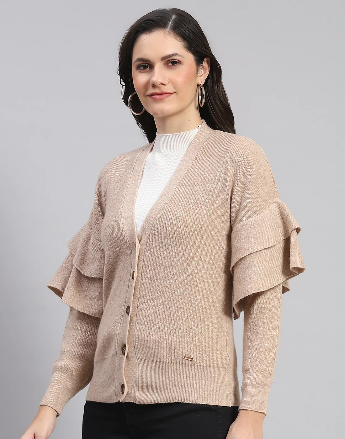 Women Beige Solid V Neck Full Sleeve Cardigan - Image 3