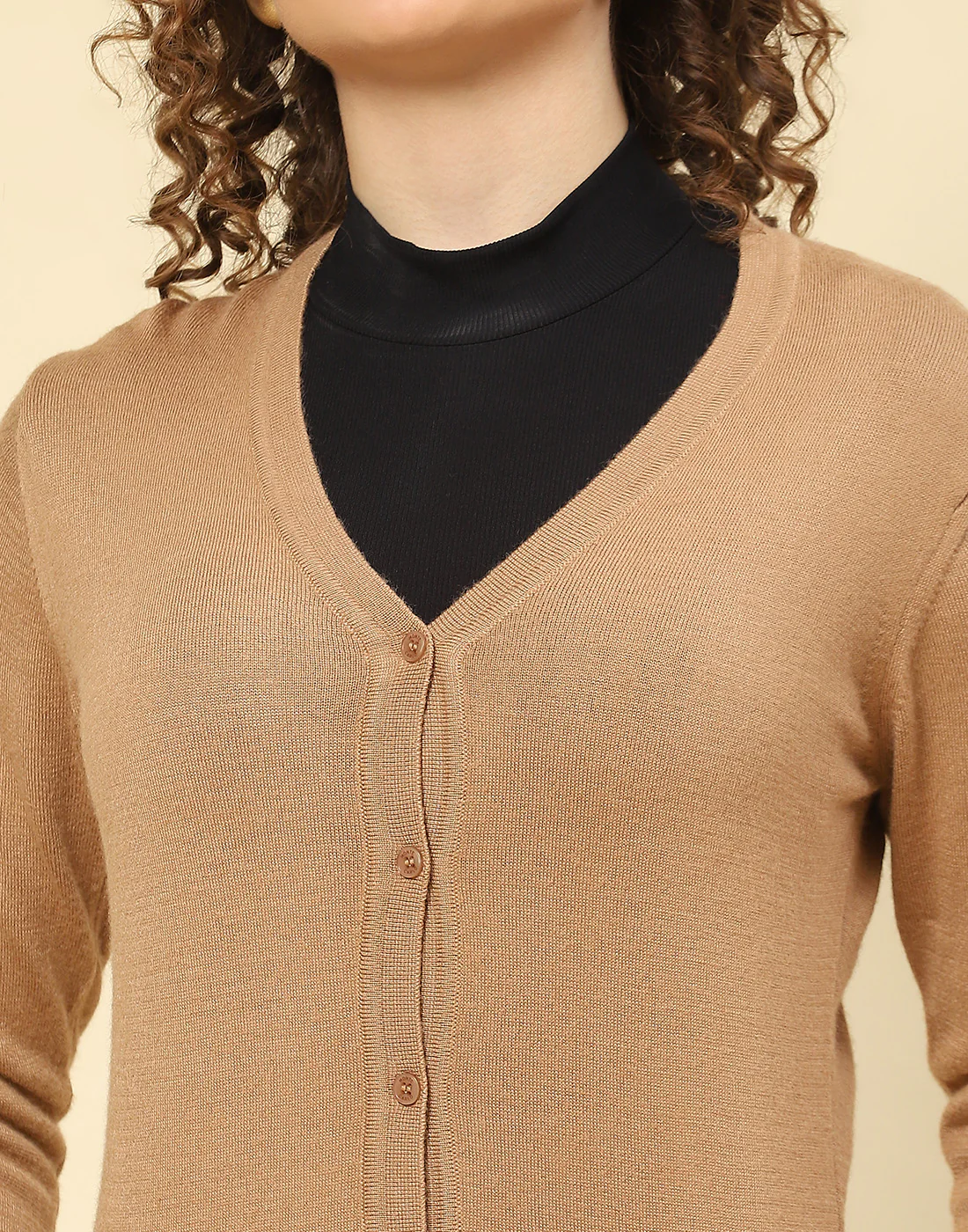 Women Beige Solid V Neck Full Sleeve Cardigan - Image 6