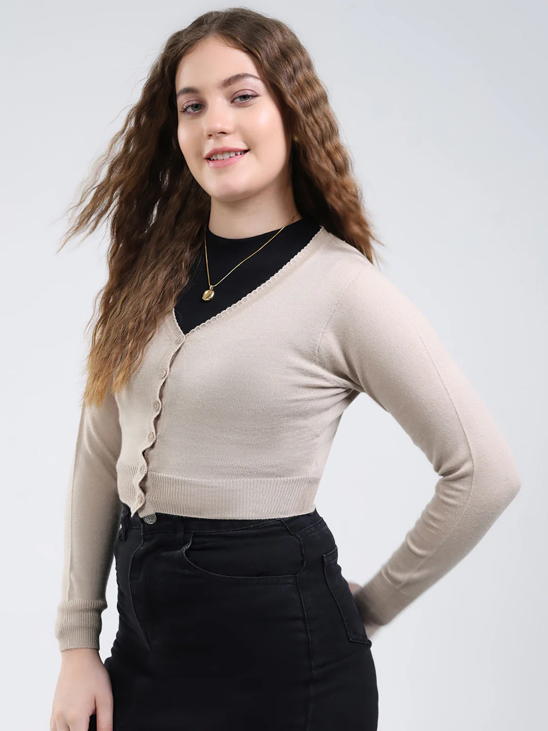 Women Beige Solid V Neck Full Sleeve Cardigan - Image 3