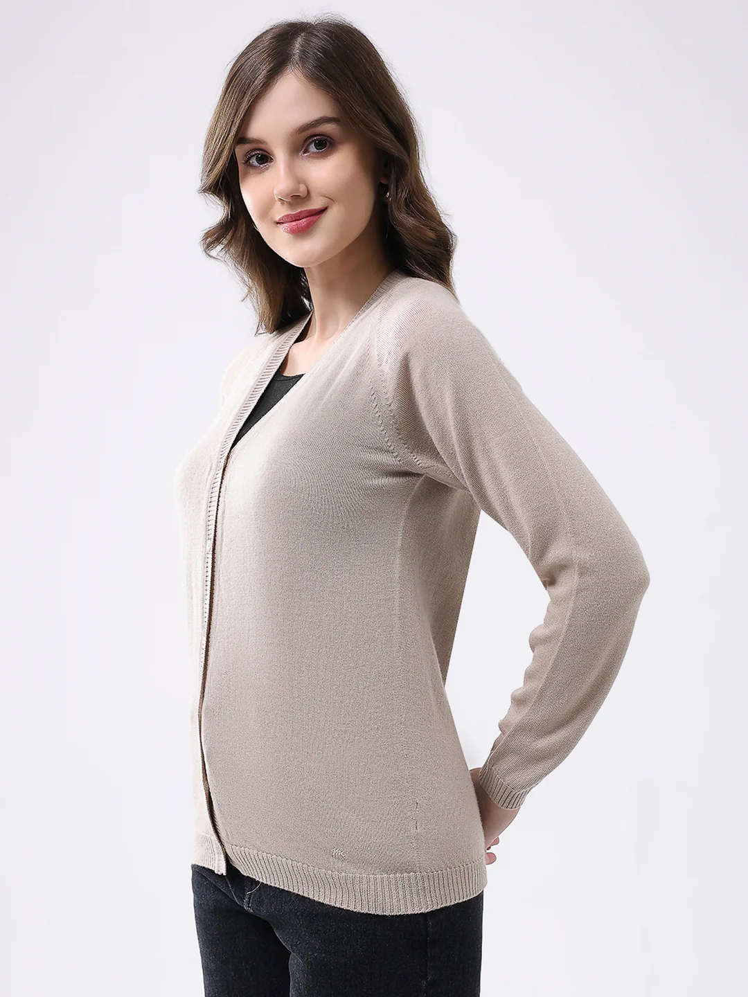 Women Beige Solid V Neck Full Sleeve Cardigan - Image 3