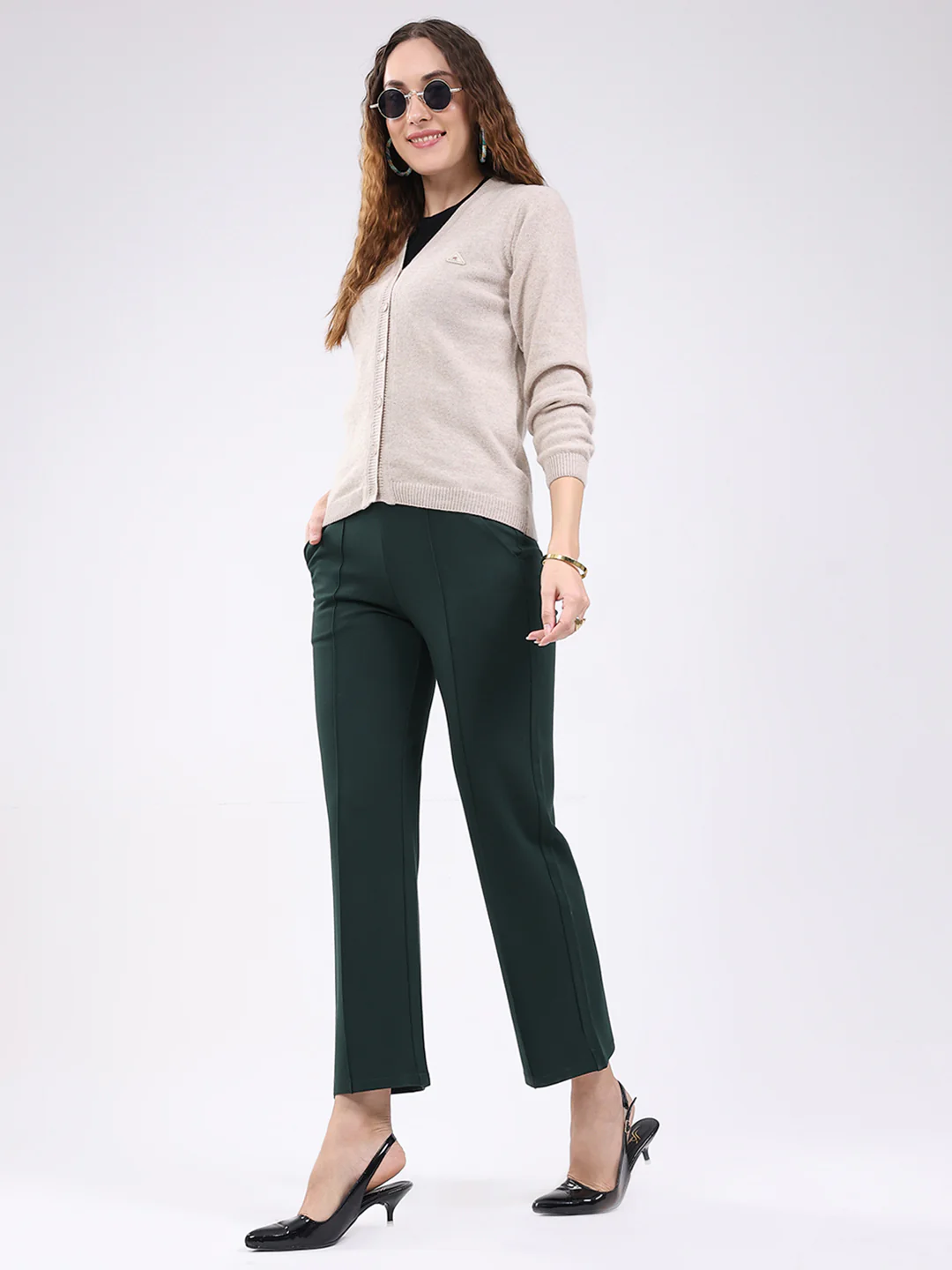 Women Beige Solid V Neck Full Sleeve Cardigan - Image 2