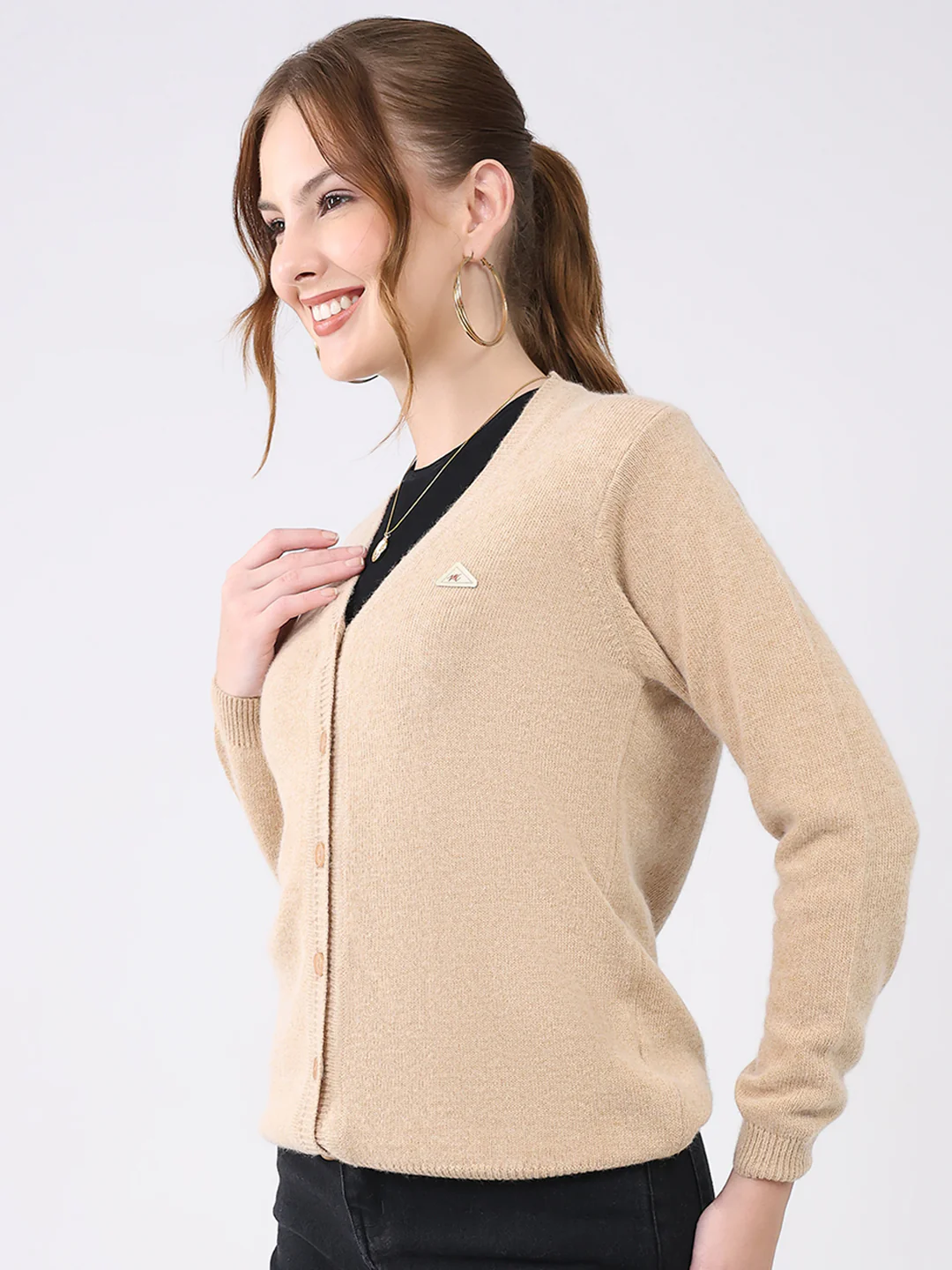 Women Beige Solid V Neck Full Sleeve Cardigan - Image 3