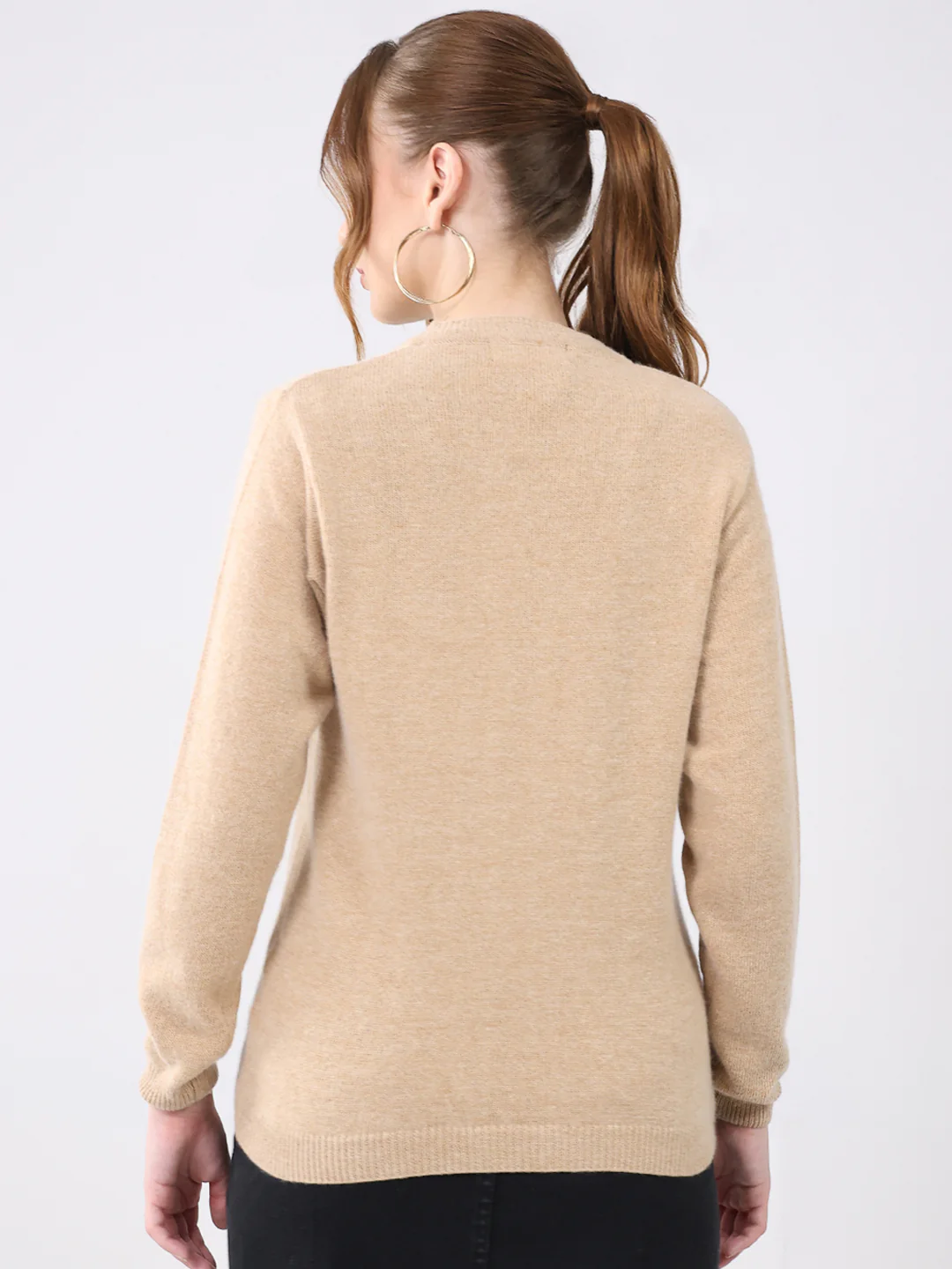 Women Beige Solid V Neck Full Sleeve Cardigan - Image 5
