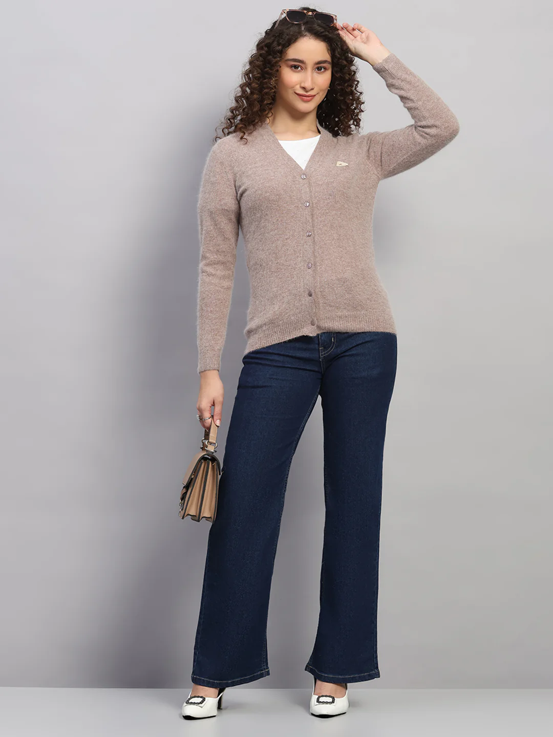 Women Beige Solid V Neck Full Sleeve Cardigan - Image 2