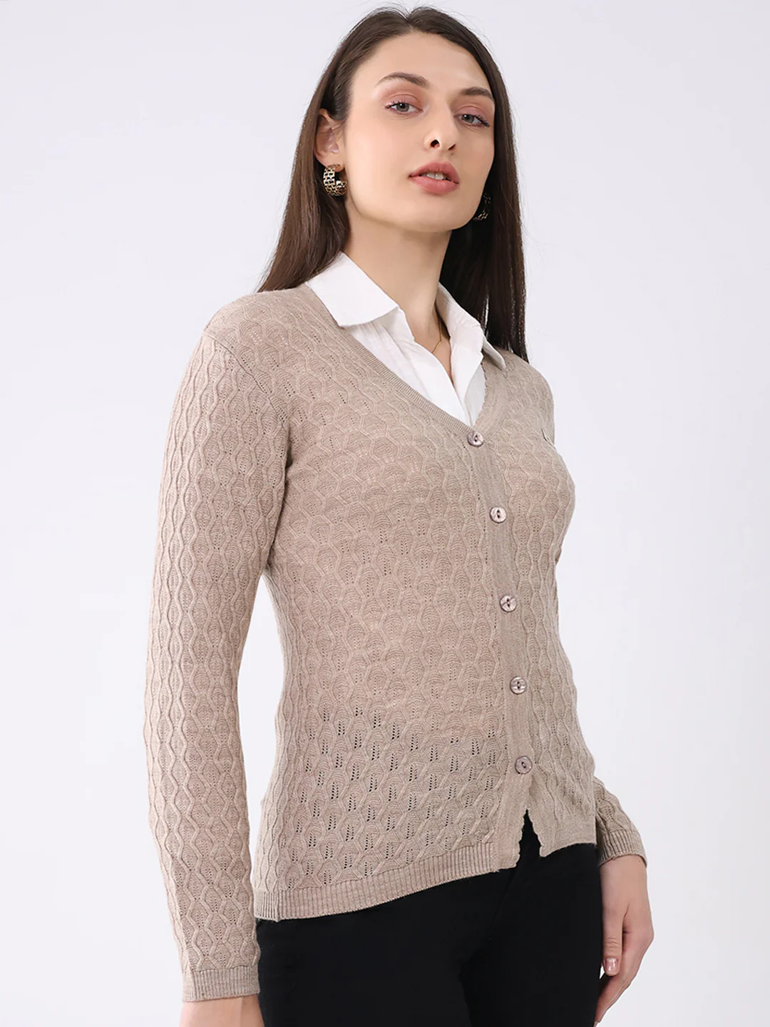 Women Beige Solid V Neck Full Sleeve Cardigan - Image 4